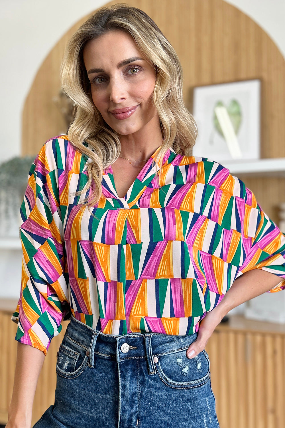 Double Take Full Size Geometric Notched Raglan Sleeve Blouse