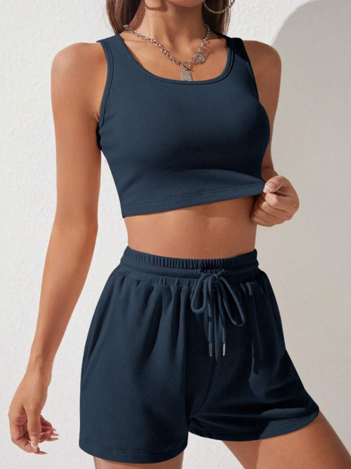 Scoop Neck Wide Strap Top and Drawstring Shorts Set