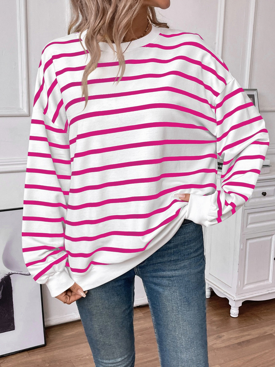 Lovelet Striped Round Neck Long Sleeve Sweatshirt