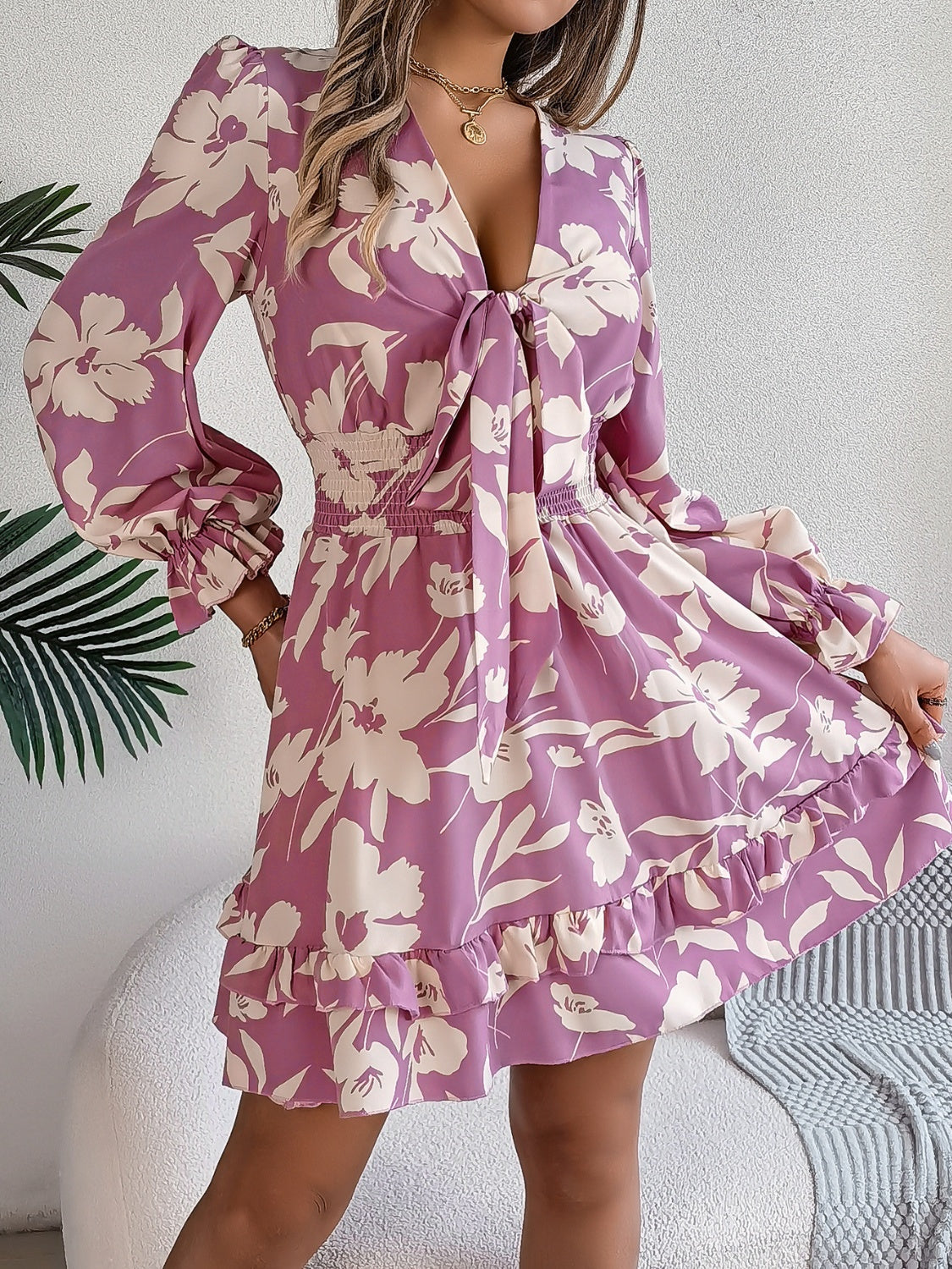 Tied Ruffled Printed Long Sleeve Dress