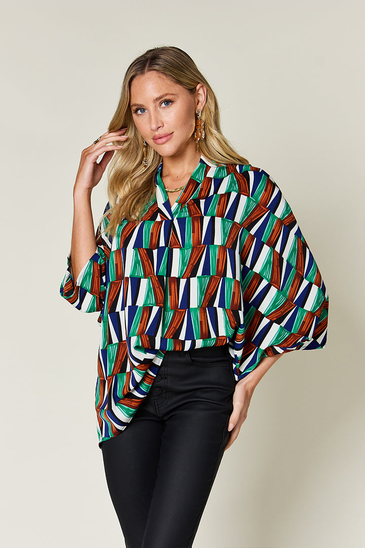 Double Take Full Size Geometric Notched Raglan Sleeve Blouse